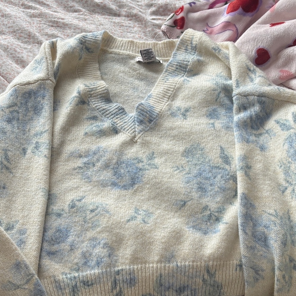 Sincerely Jules Cream and Blue Floral V-Neck Sweater